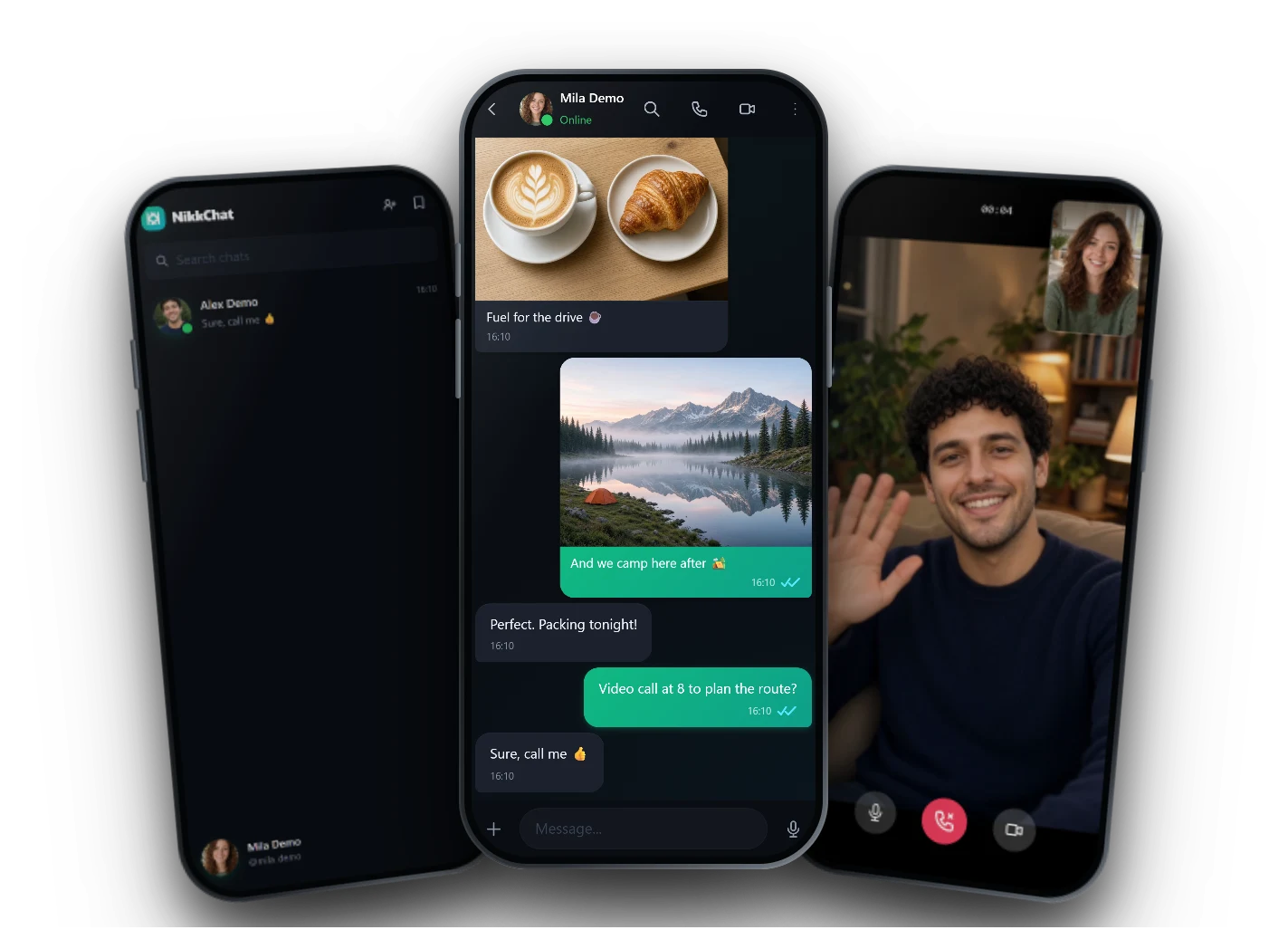 Three NikkChat screens with demo profiles: the chat list, a chat with trip photos, and a video call